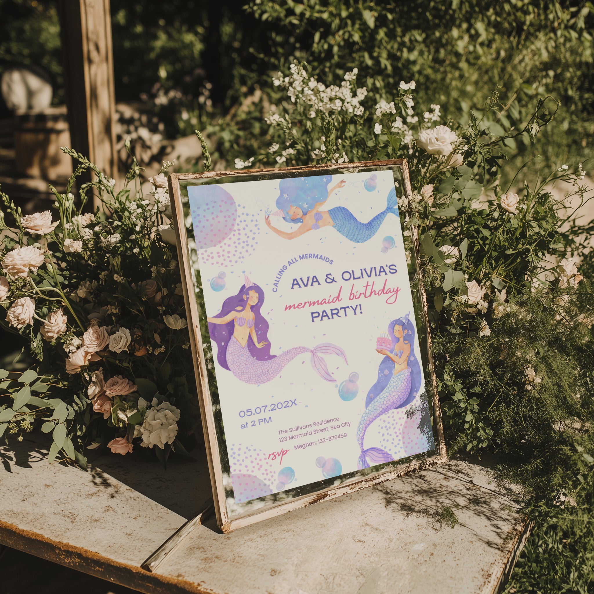 Mermaid birthday invitation for twin girls with pastel underwater theme and playful design