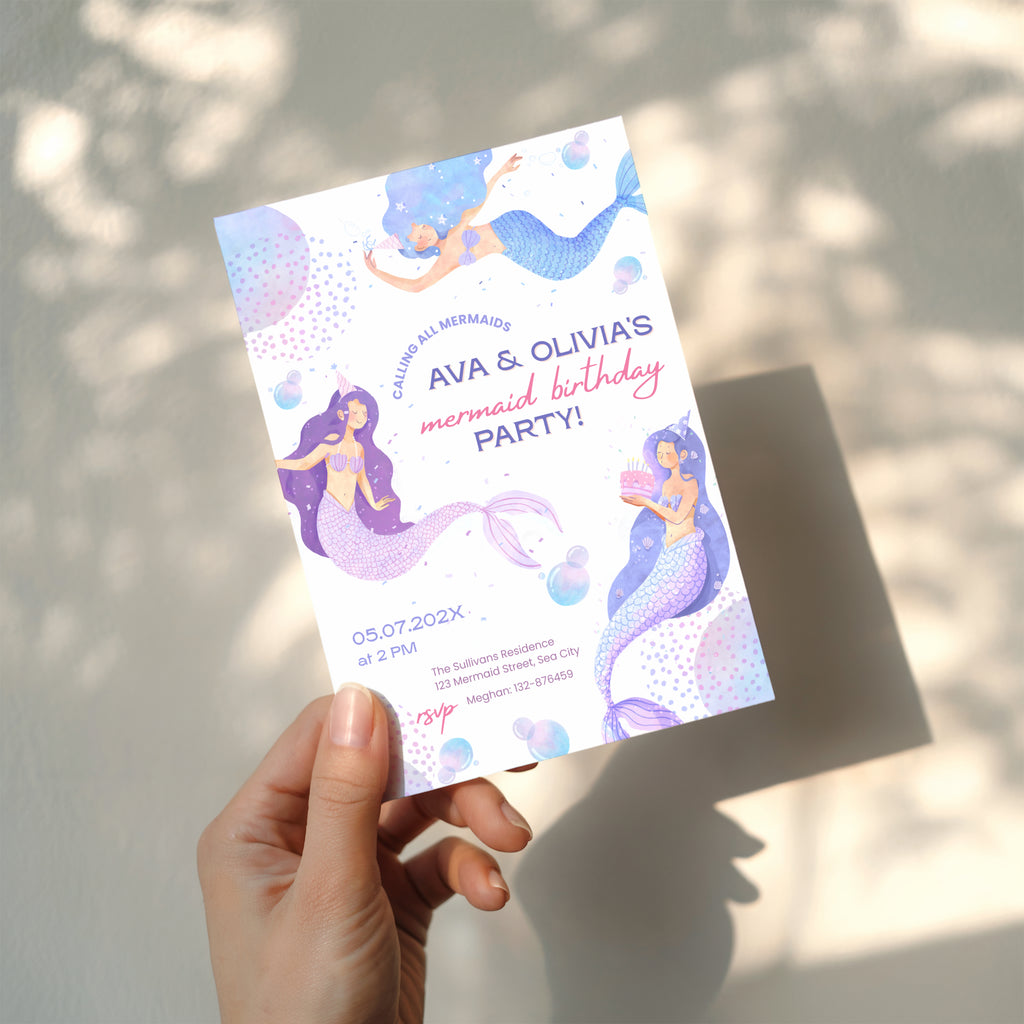 Mermaid birthday invitation for twin girls with pastel underwater theme and playful design
