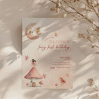 Fairy first birthday invitation with soft pastel colors and whimsical magical design