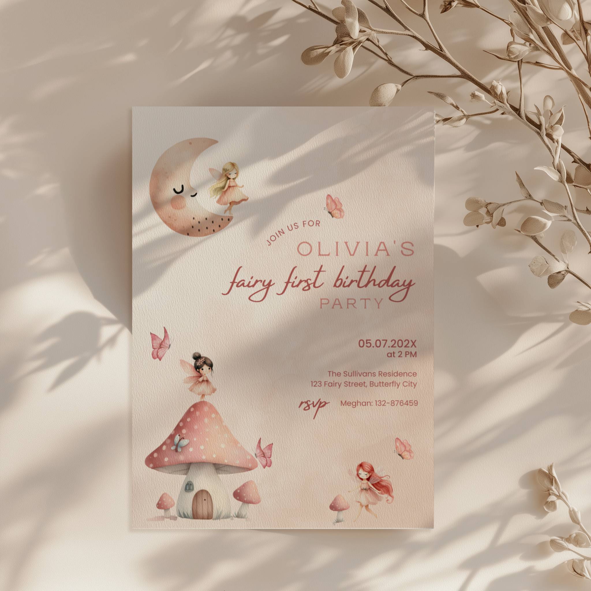 Fairy first birthday invitation with soft pastel colors and whimsical magical design