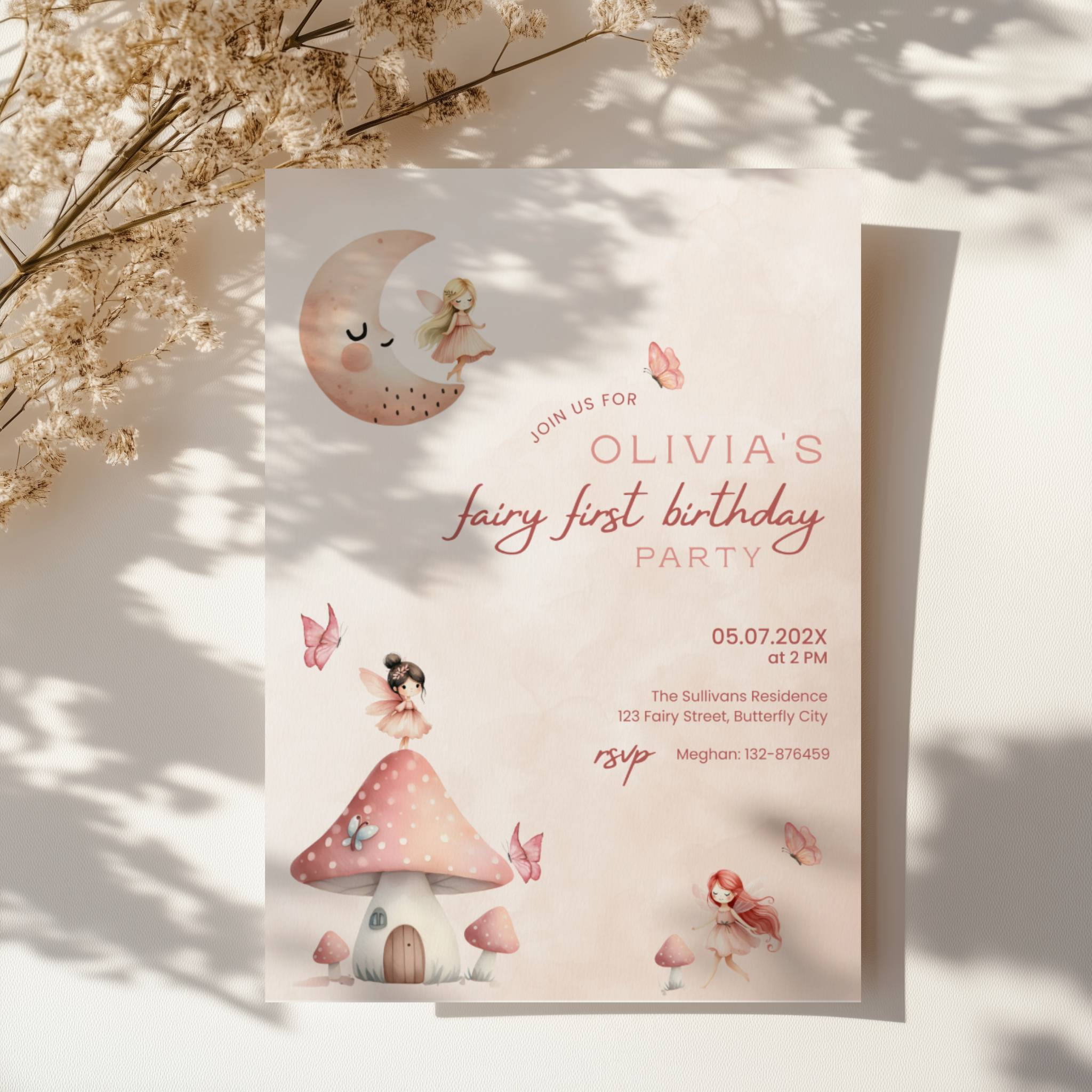 Fairy first birthday invitation with soft pastel colors and whimsical magical design