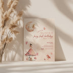 Fairy first birthday invitation with soft pastel colors and whimsical magical design