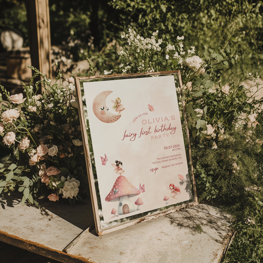 Fairy first birthday invitation with soft pastel colors and whimsical magical design