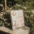 Fairy first birthday invitation with soft pastel colors and whimsical magical design
