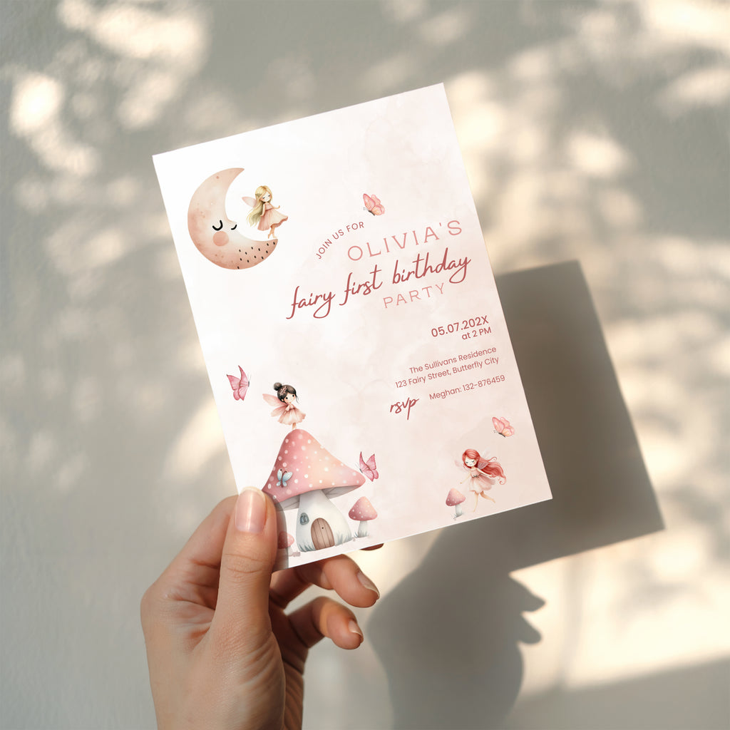 Fairy first birthday invitation with soft pastel colors and whimsical magical design