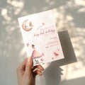 Fairy first birthday invitation with soft pastel colors and whimsical magical design