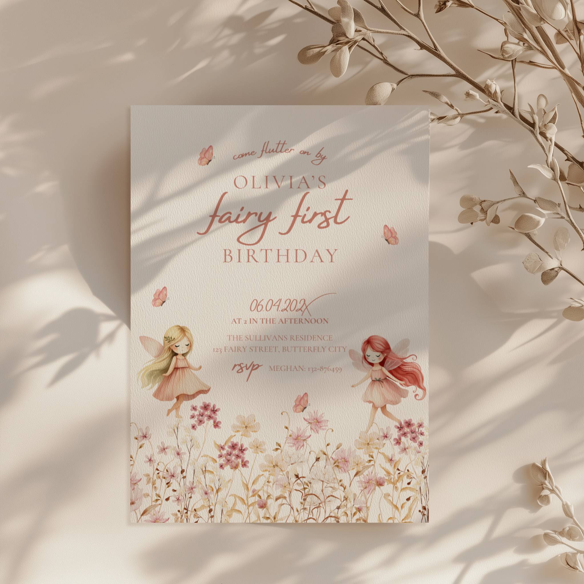 Fairy first birthday invitation with soft floral wildflower design and pastel colors