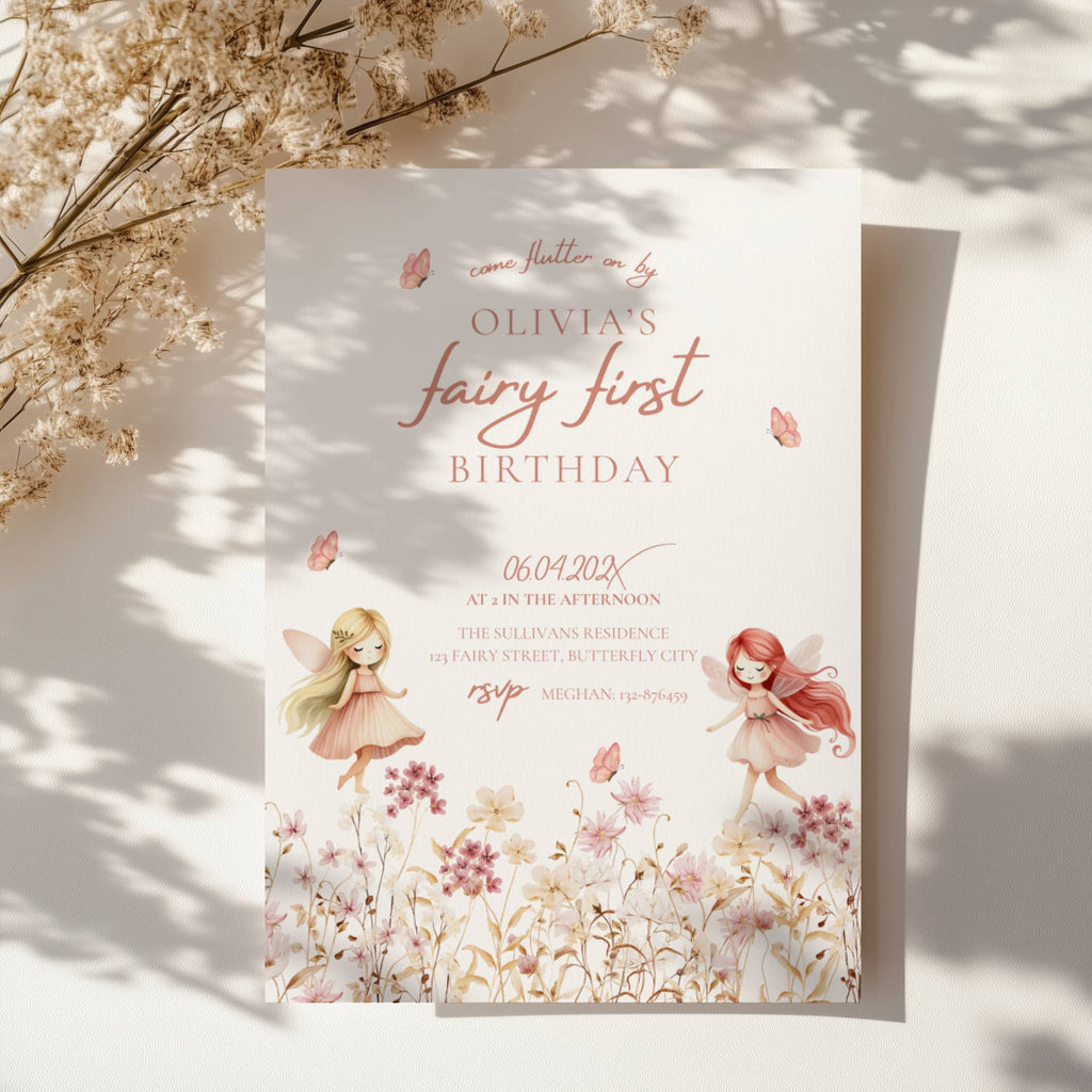 Fairy first birthday invitation with soft floral wildflower design and pastel colors