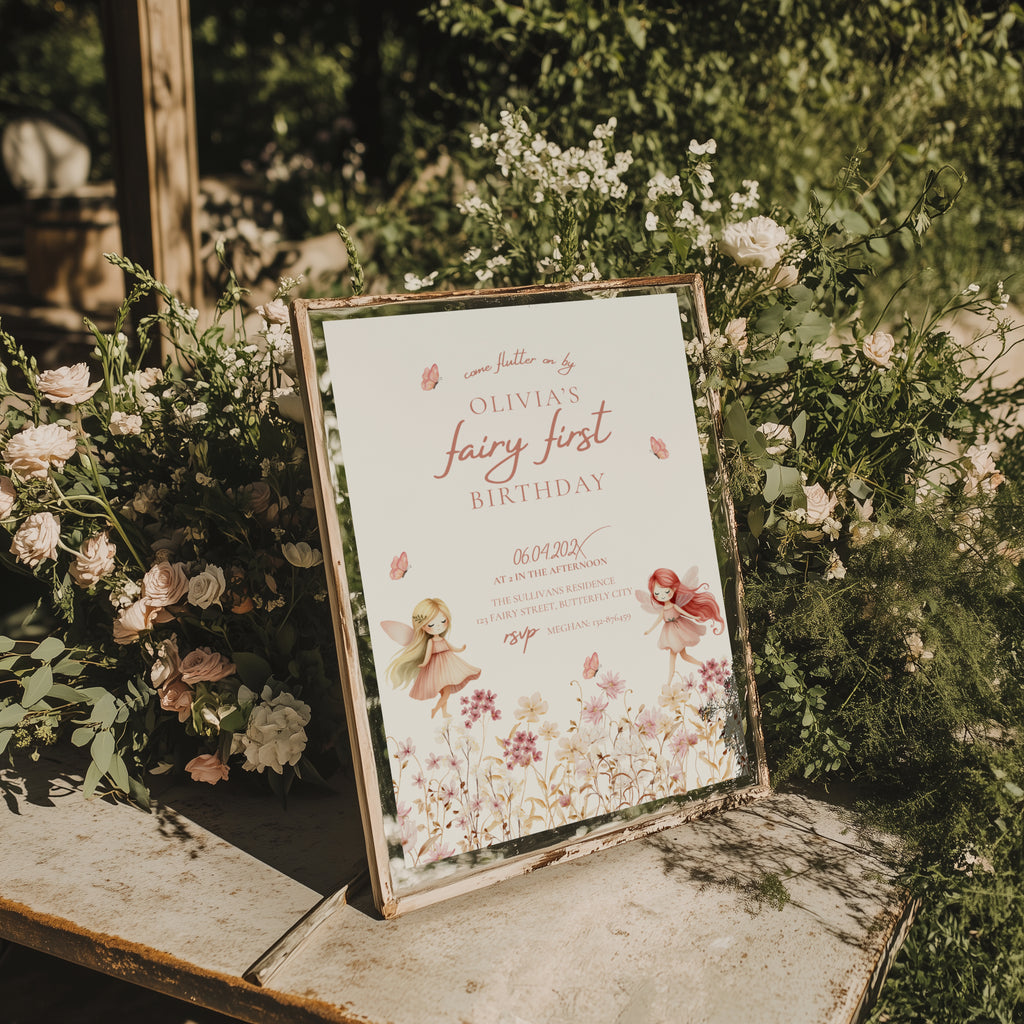 Fairy first birthday invitation with soft floral wildflower design and pastel colors