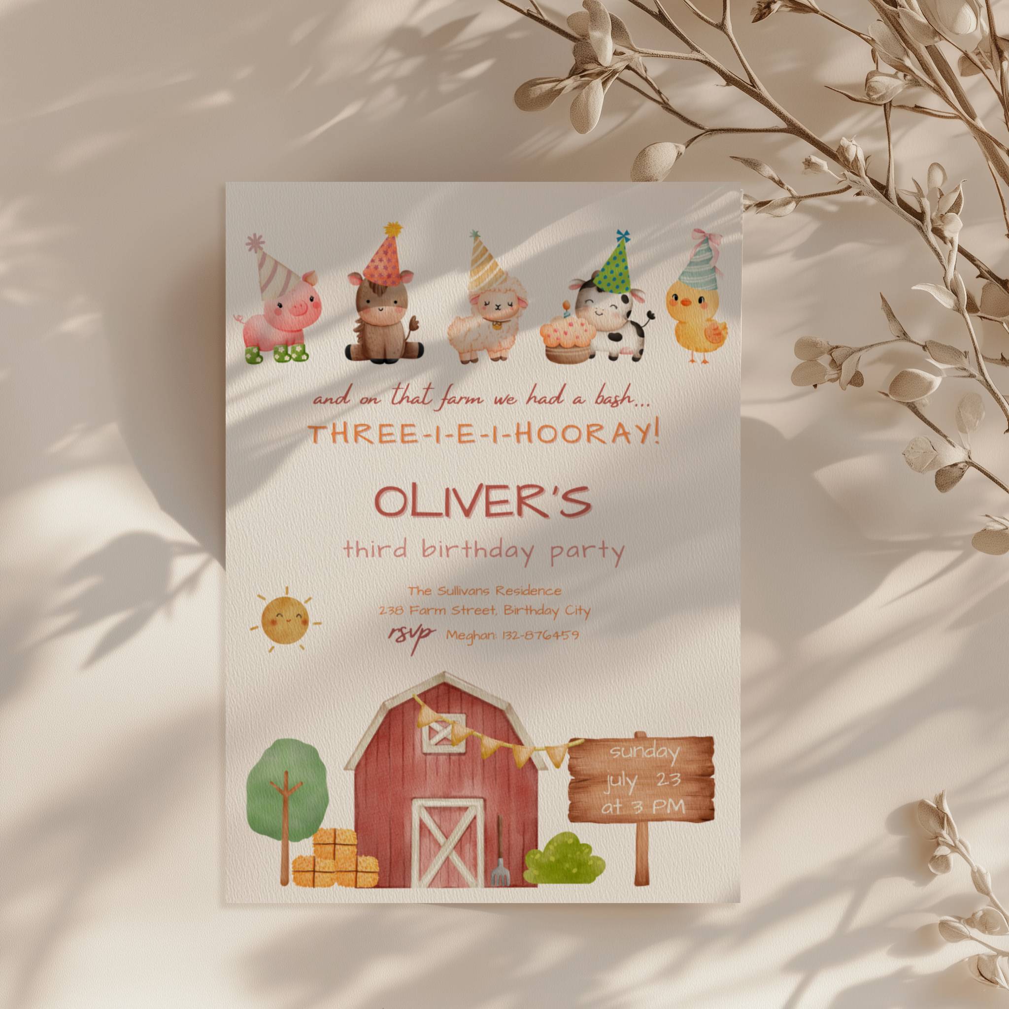 Farm birthday invitation with cute barnyard animals and red barn illustration