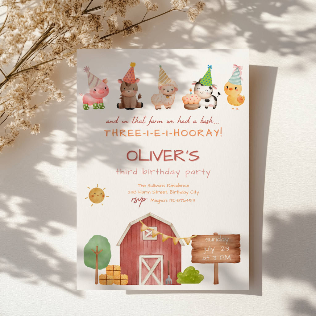 Farm birthday invitation with cute barnyard animals and red barn illustration