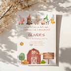 Farm birthday invitation with cute barnyard animals and red barn illustration