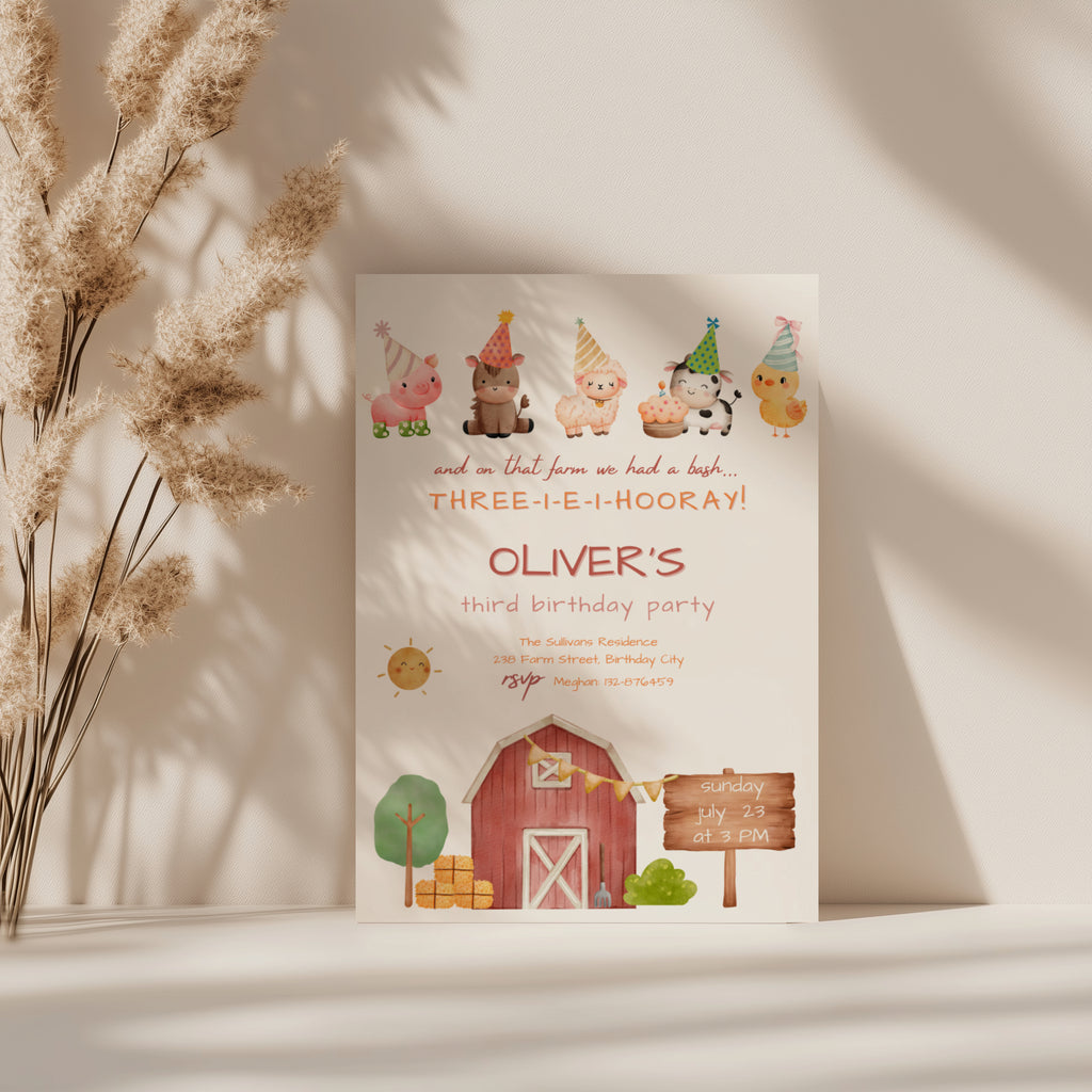 Farm birthday invitation with cute barnyard animals and red barn illustration