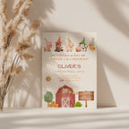 Farm birthday invitation with cute barnyard animals and red barn illustration
