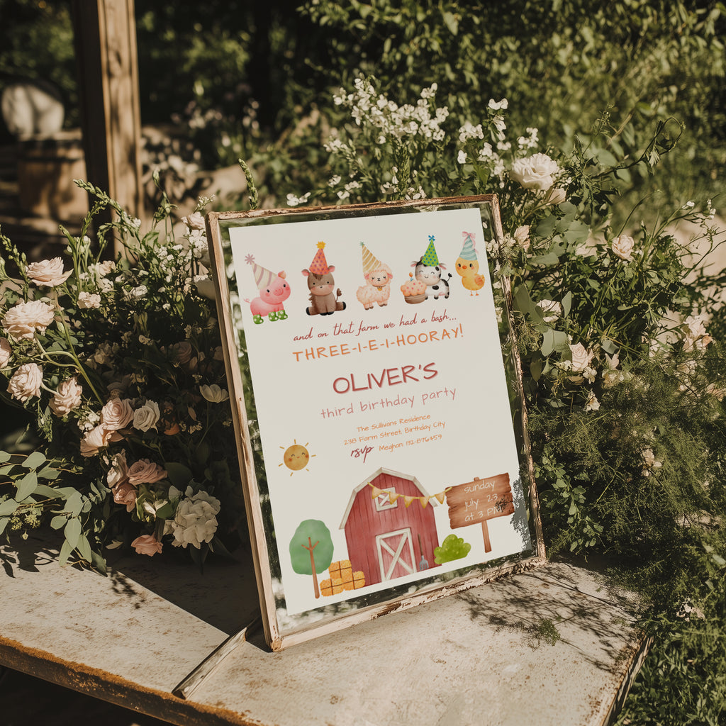 Farm birthday invitation with cute barnyard animals and red barn illustration