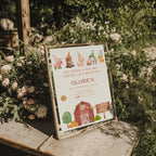 Farm birthday invitation with cute barnyard animals and red barn illustration