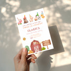 Farm birthday invitation with cute barnyard animals and red barn illustration