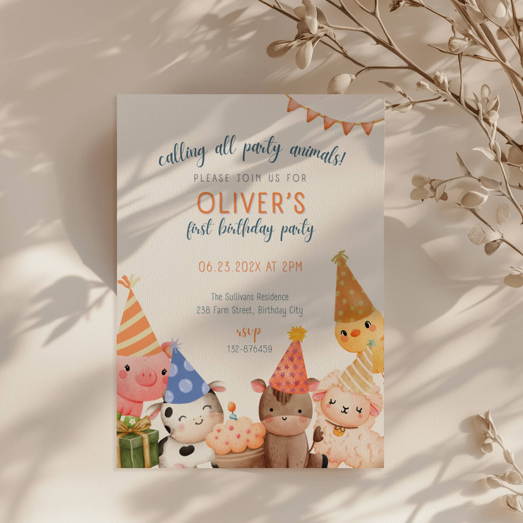 Farm birthday invitation with cute party animals and barnyard theme
