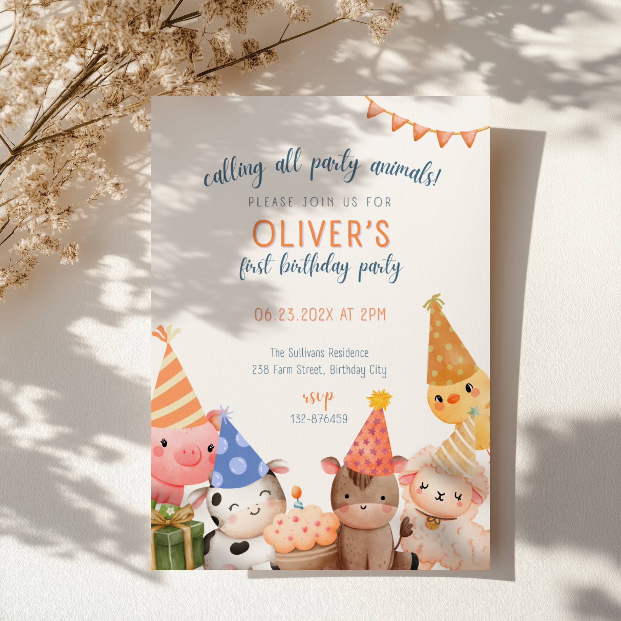 Farm birthday invitation with cute party animals and barnyard theme
