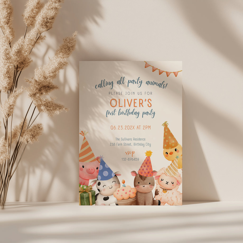 Farm birthday invitation with cute party animals and barnyard theme