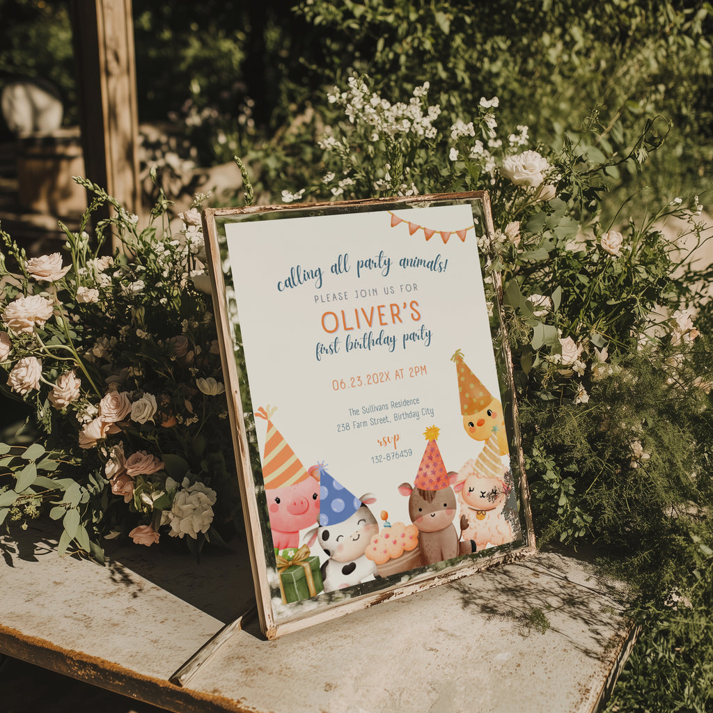 Farm birthday invitation with cute party animals and barnyard theme