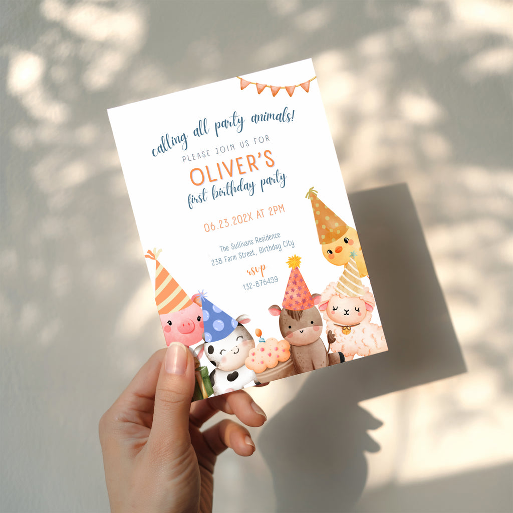 Farm birthday invitation with cute party animals and barnyard theme