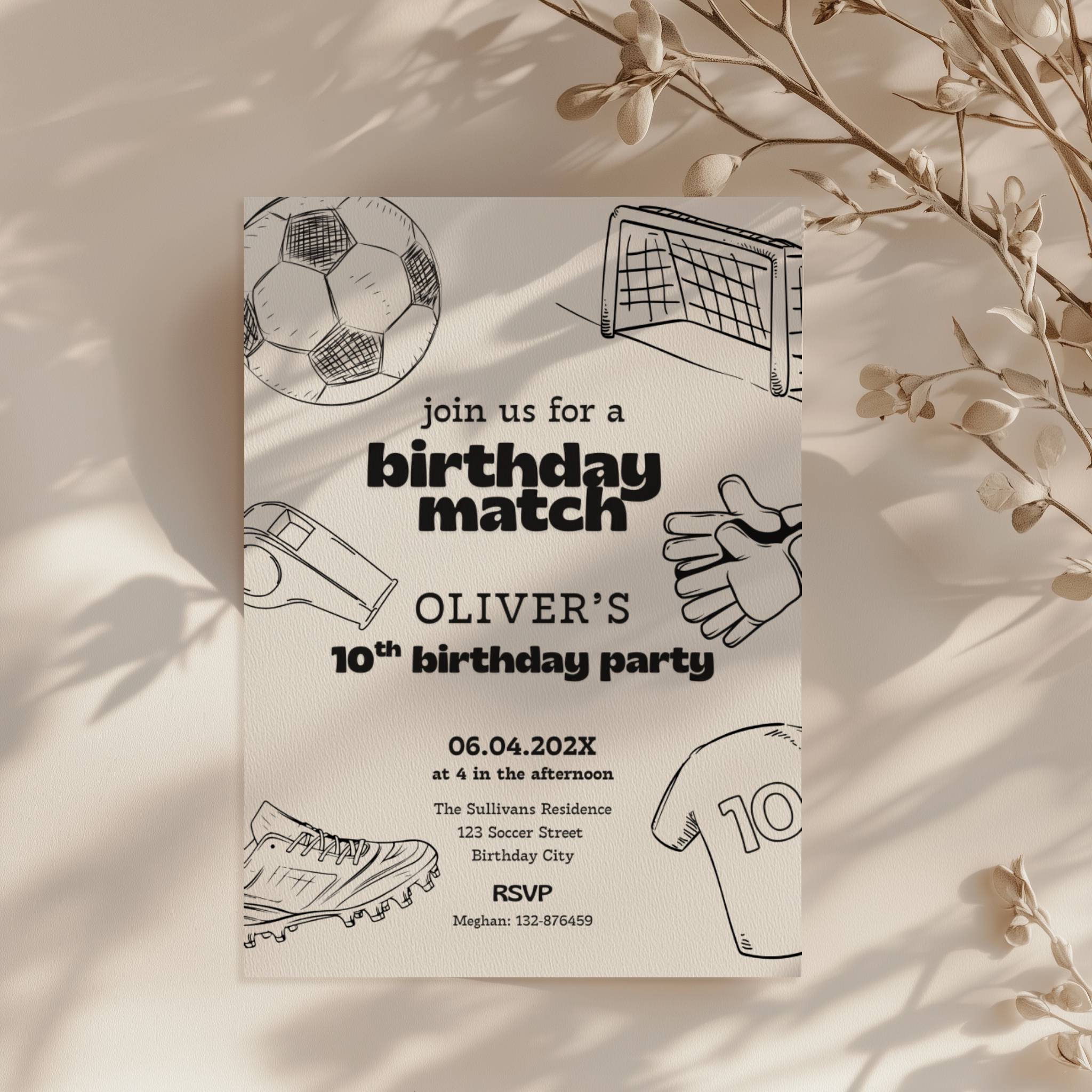 Soccer birthday invitation with football theme and sporty illustrations. Soccer birthday match