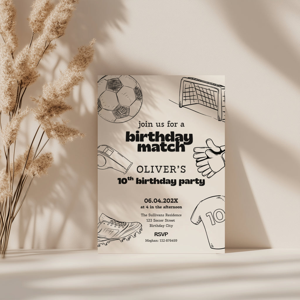 Soccer birthday invitation with football theme and sporty illustrations. Soccer birthday match