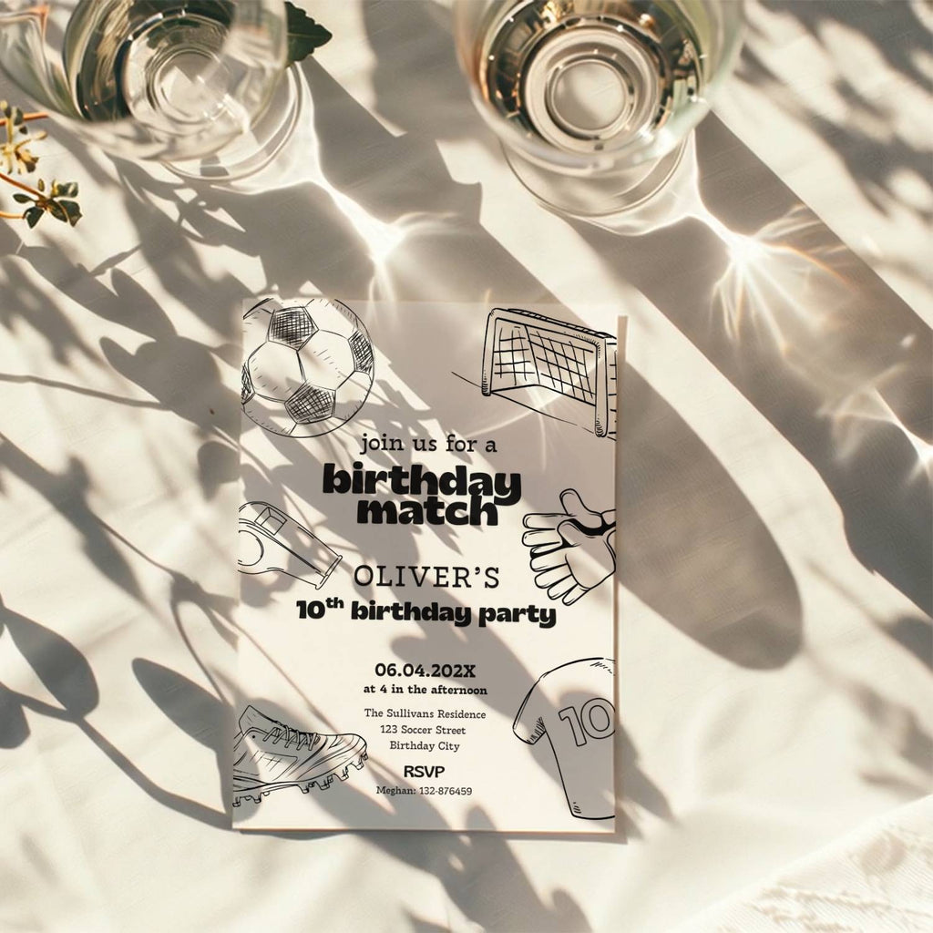 Soccer birthday invitation with football theme and sporty illustrations. Soccer birthday match