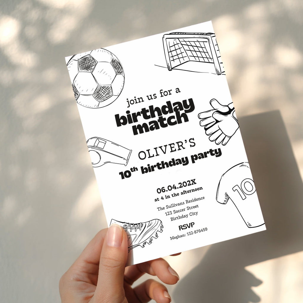 Soccer birthday invitation with football theme and sporty illustrations. Soccer birthday match