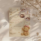 Teddy bear first birthday invitation with photo collage and pastel design