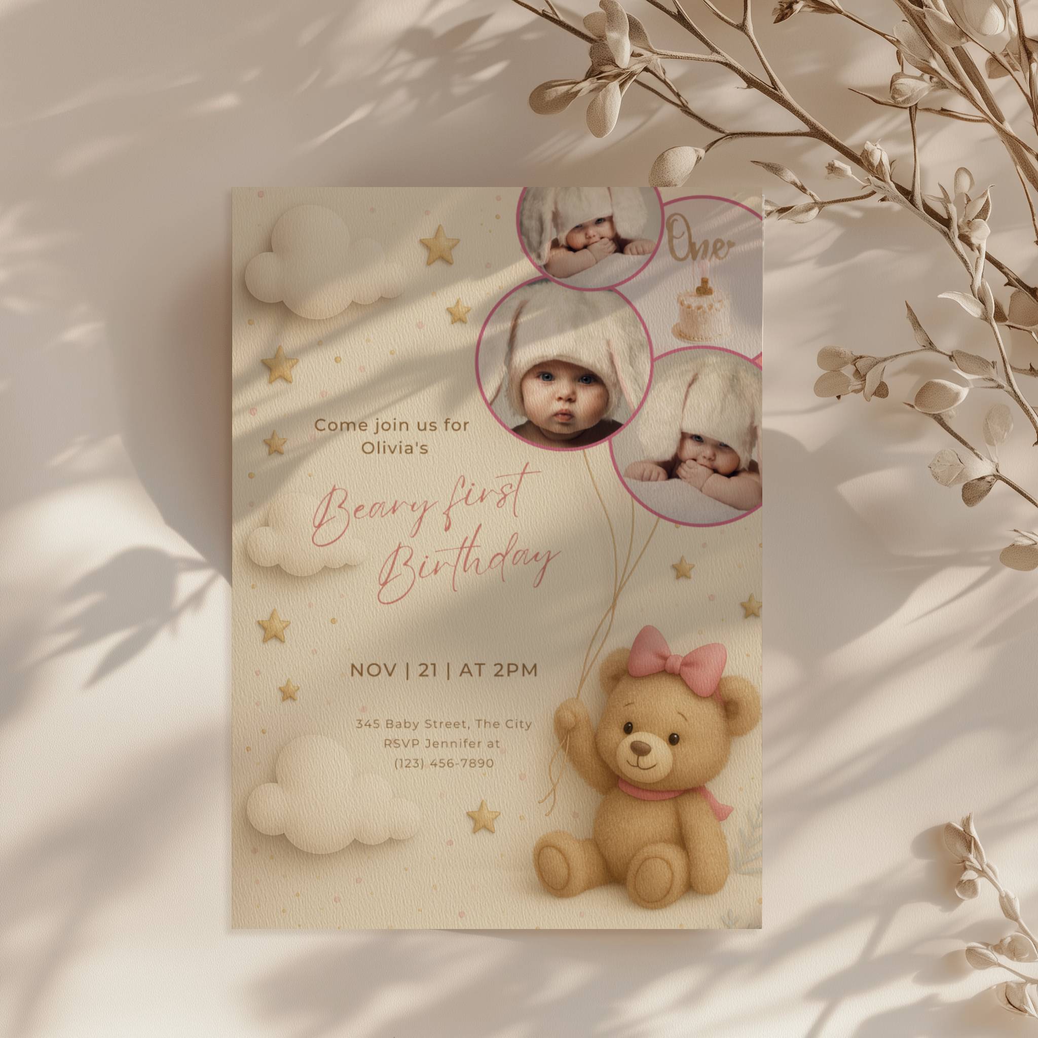 Teddy bear first birthday invitation with photo collage and pastel design