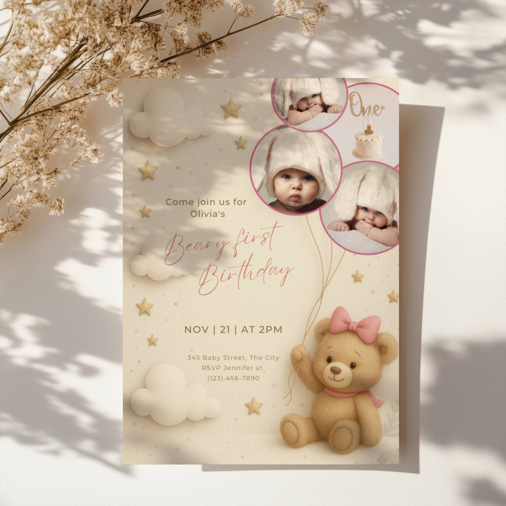 Teddy bear first birthday invitation with photo collage and pastel design