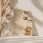 Teddy bear first birthday invitation with photo collage and pastel design