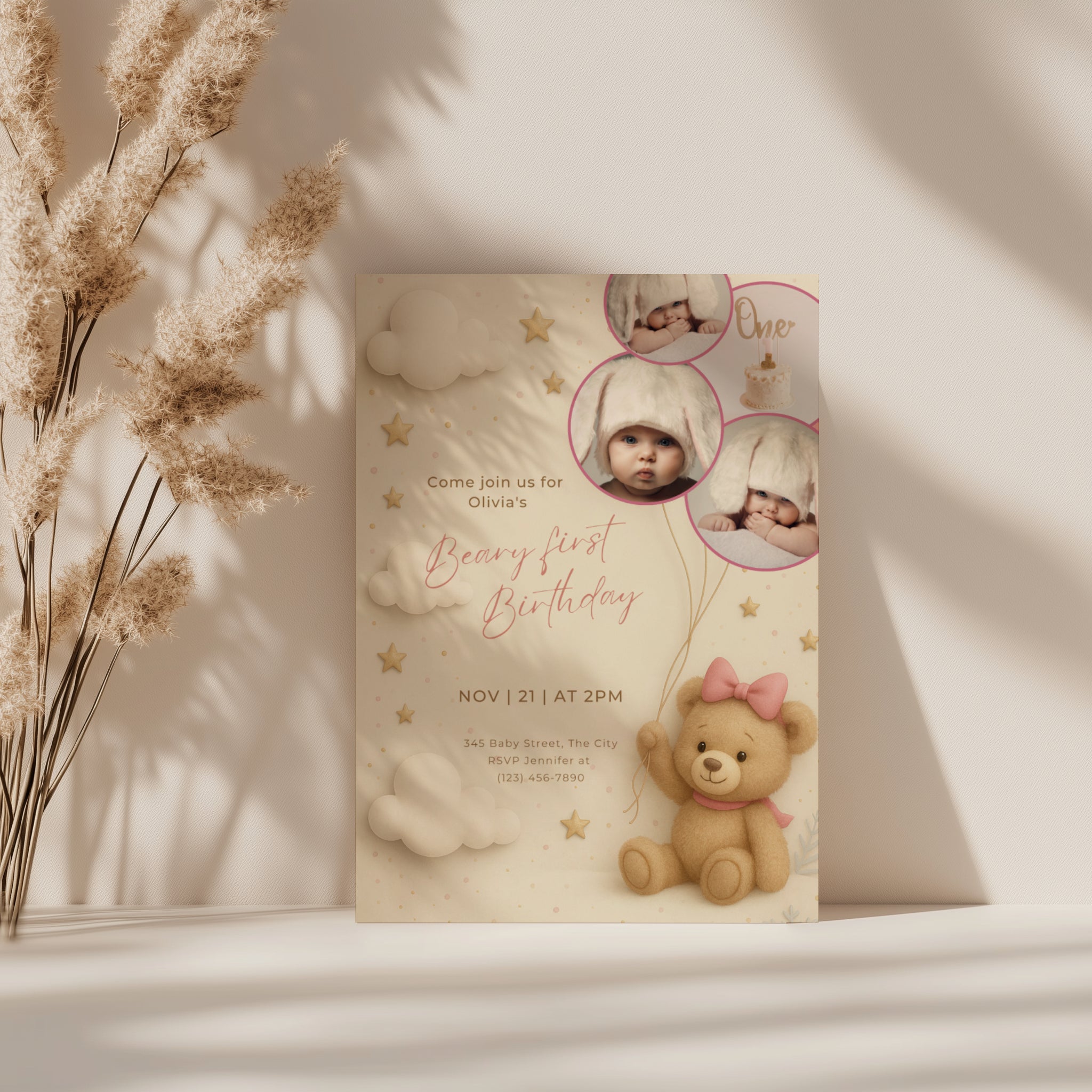 Teddy bear first birthday invitation with photo collage and pastel design