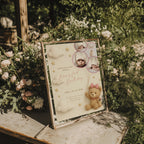 Teddy bear first birthday invitation with photo collage and pastel design