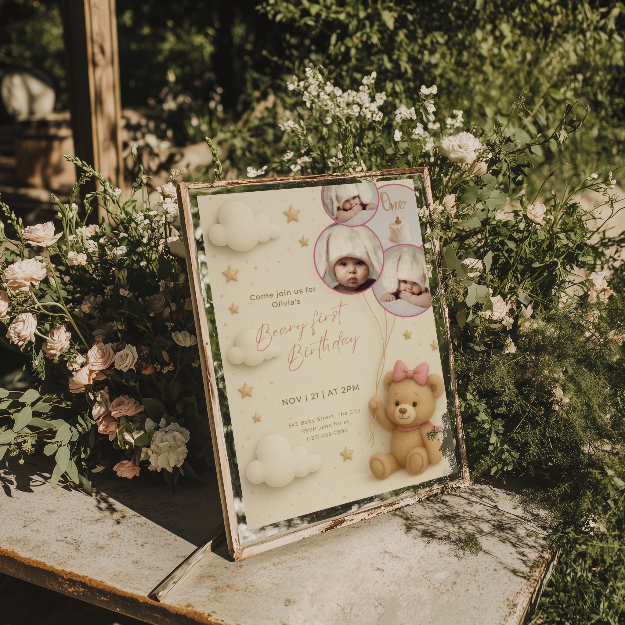 Teddy bear first birthday invitation with photo collage and pastel design