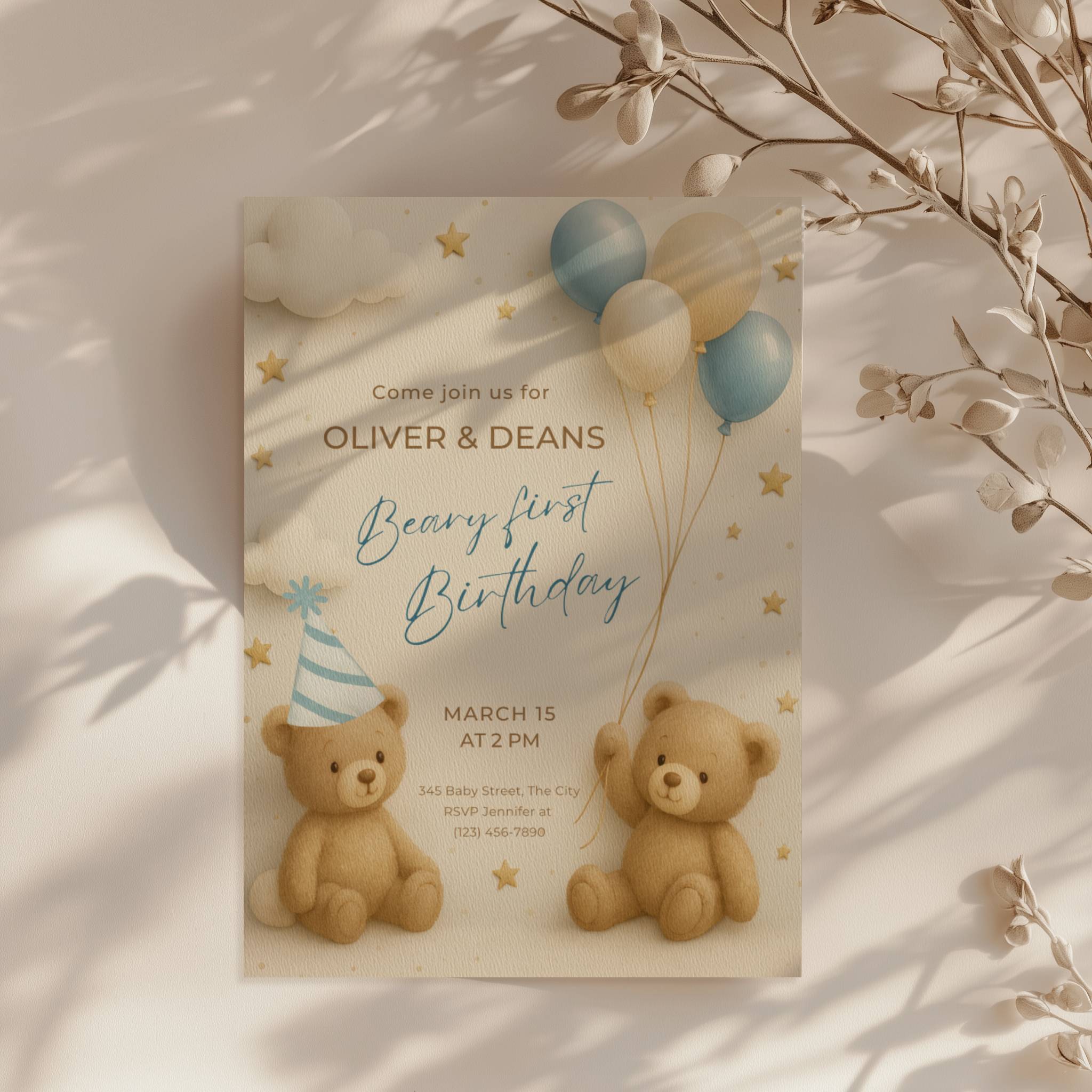 Twin first birthday invitation with teddy bear beary first birthday theme