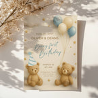 Twin first birthday invitation with teddy bear beary first birthday theme