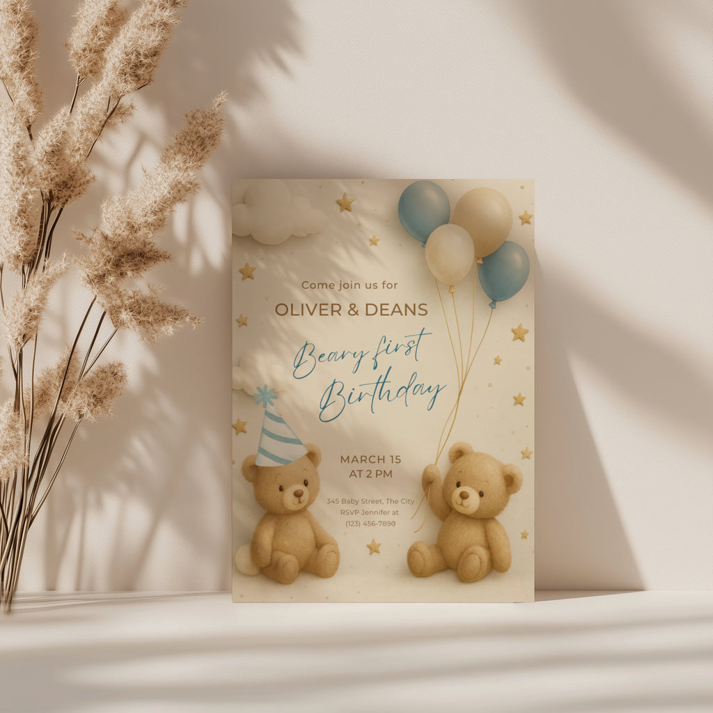 Twin first birthday invitation with teddy bear beary first birthday theme