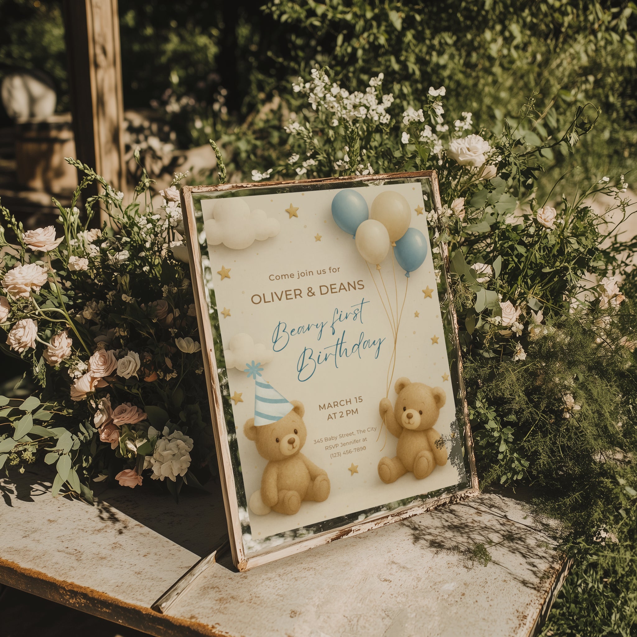 Twin first birthday invitation with teddy bear beary first birthday theme