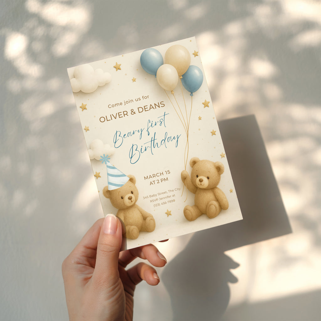 Twin first birthday invitation with teddy bear beary first birthday theme