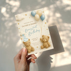 Twin first birthday invitation with teddy bear beary first birthday theme