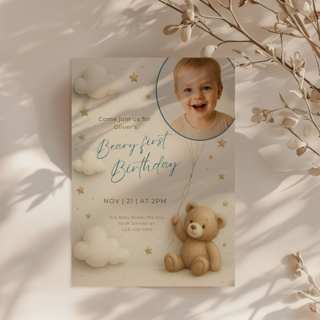 Teddy bear first birthday invitation with photo and beary first birthday theme
