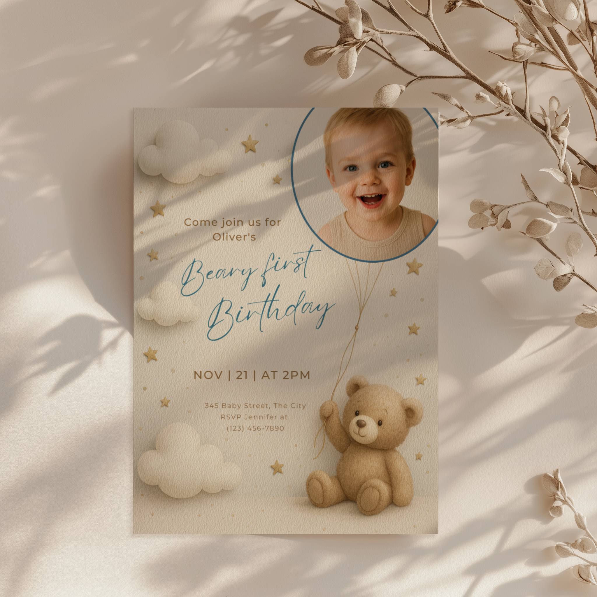 Teddy bear first birthday invitation with photo and beary first birthday theme
