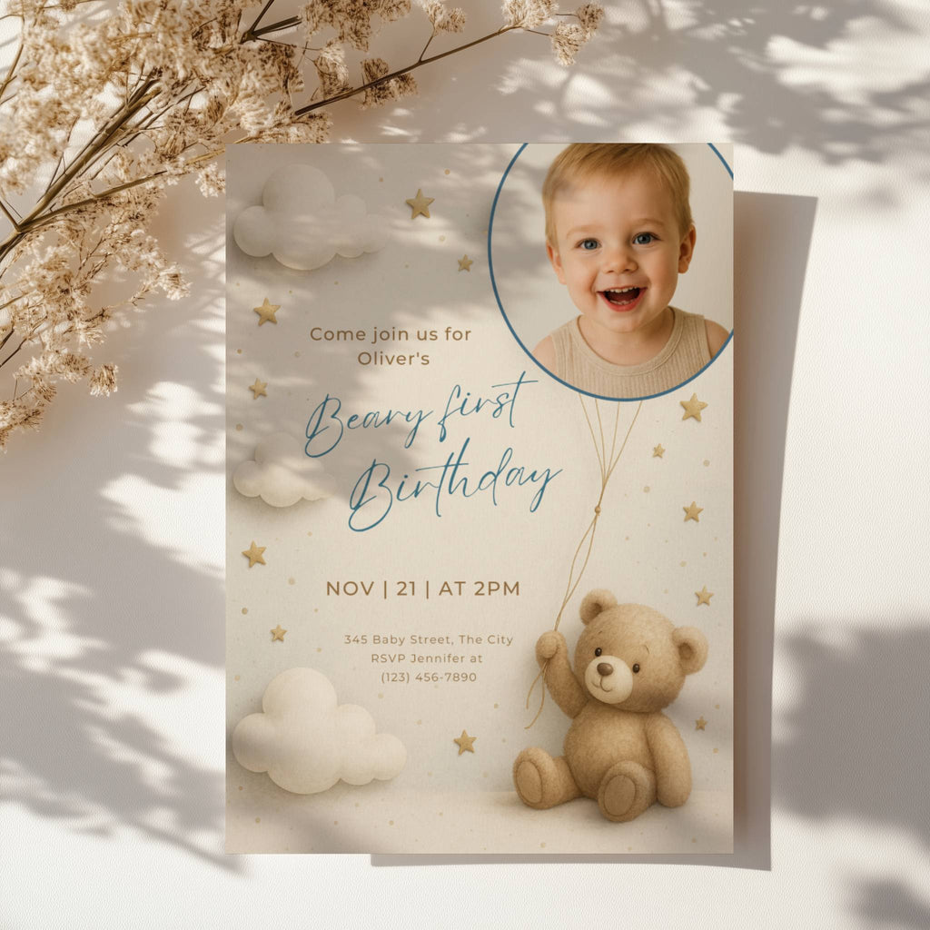 Teddy bear first birthday invitation with photo and beary first birthday theme