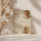 Teddy bear first birthday invitation with photo and beary first birthday theme