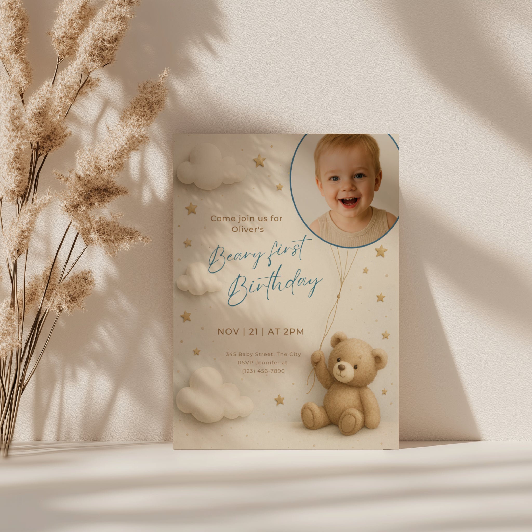 Teddy bear first birthday invitation with photo and beary first birthday theme