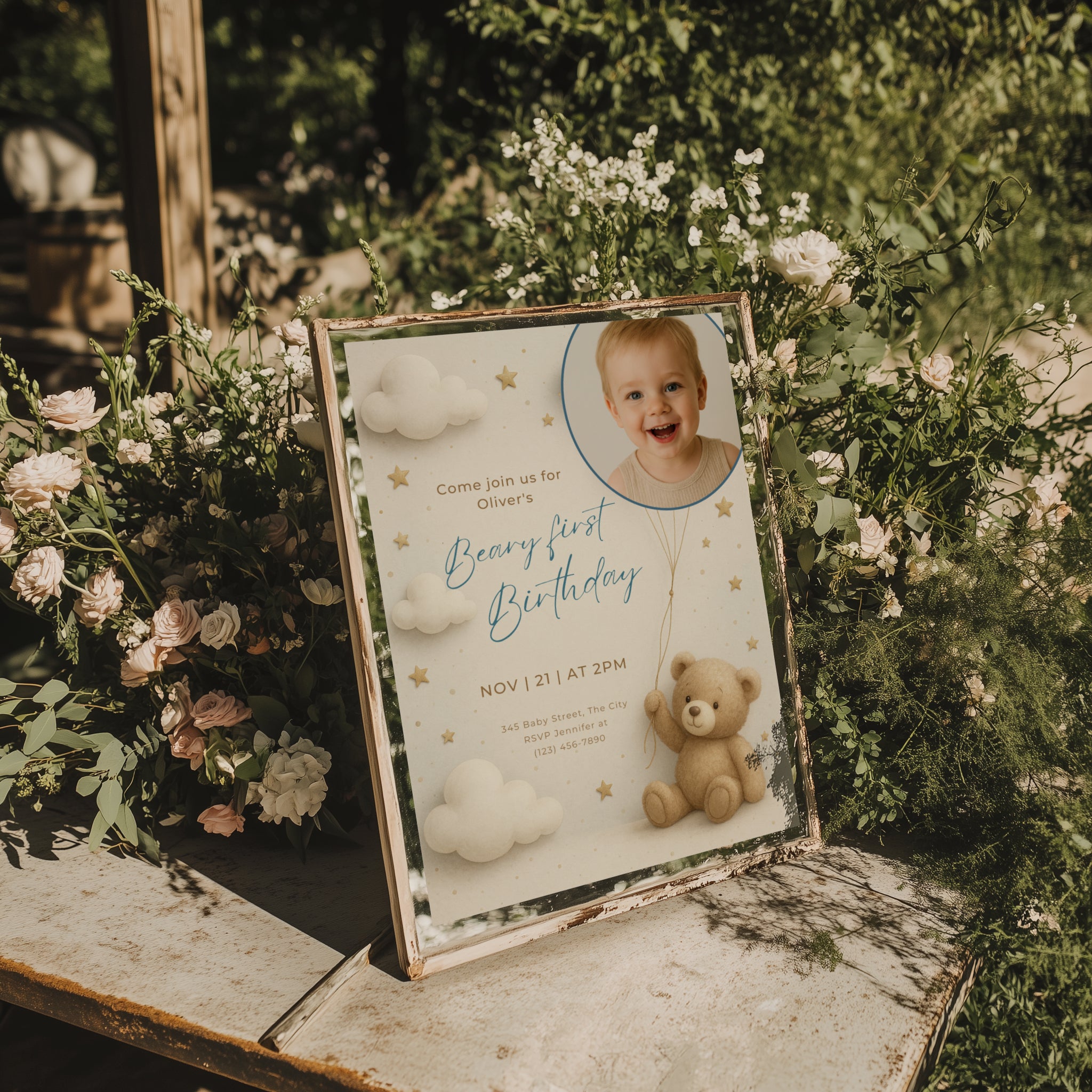 Teddy bear first birthday invitation with photo and beary first birthday theme