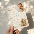 Teddy bear first birthday invitation with photo and beary first birthday theme